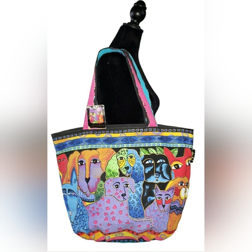 Vintage Laurel Burch Dog Cat Artisy Retro Boho Canvas Colorful Weekender Tote